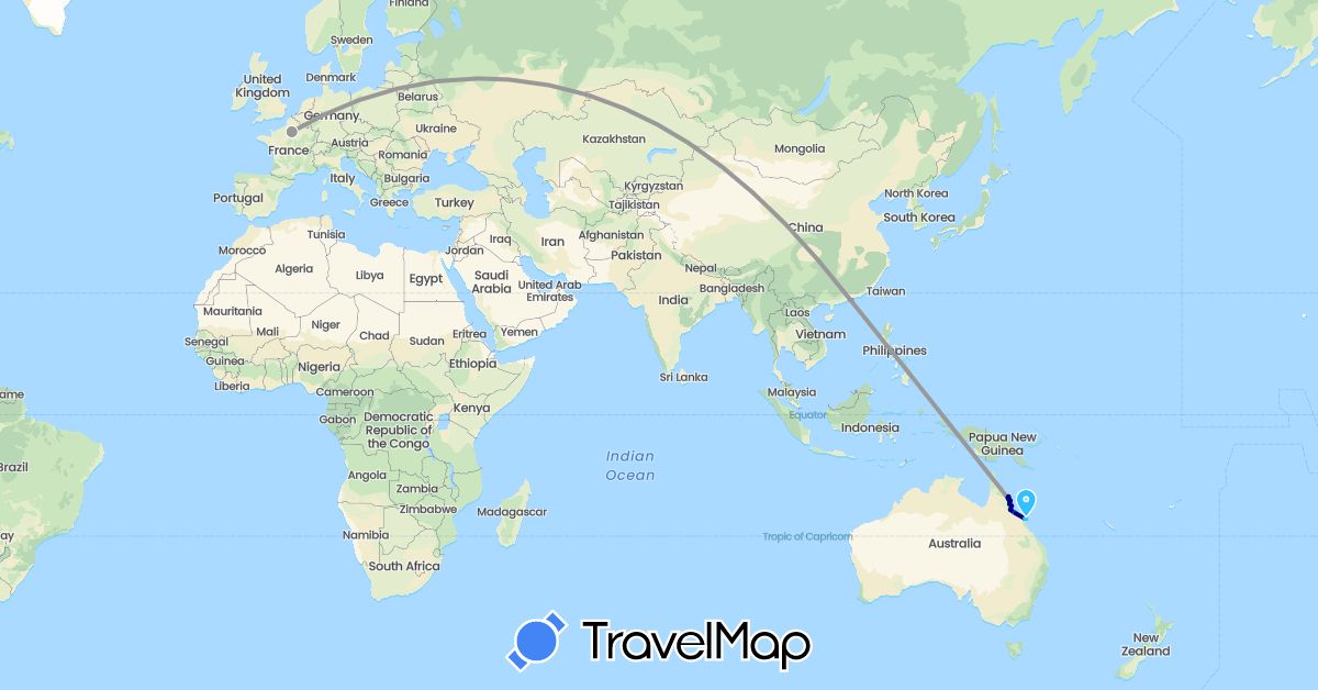 TravelMap itinerary: driving, bus, plane, train, boat in Australia, France, Hong Kong, Philippines (Asia, Europe, Oceania)